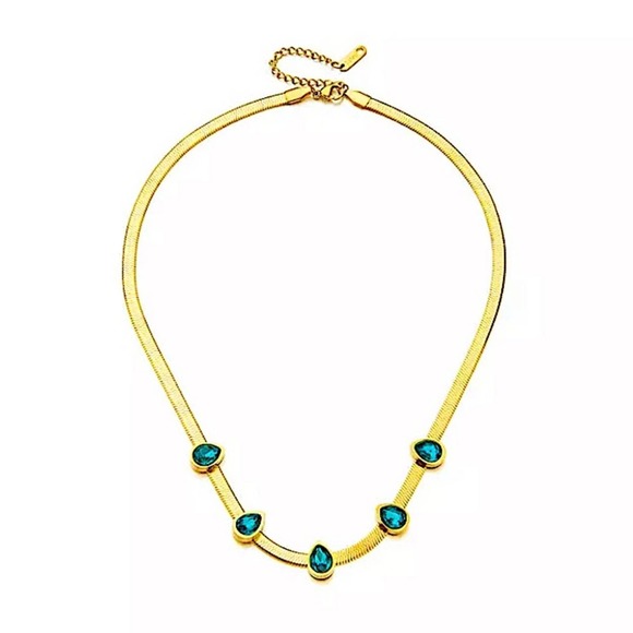 Blue Sapphire Gold Plated Zircon Herringbone Charm Flat Necklace - Picture 6 of 6